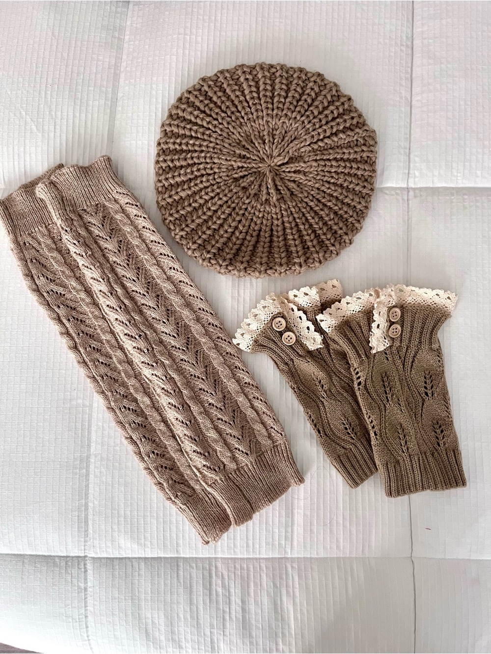 Women’s Knit Beret Leg Warmers & Lace Boot Cuffs Set in Taupe